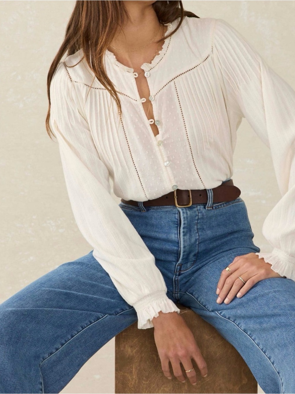 Faherty Cream Pintuck “Lily Blouse” size Medium